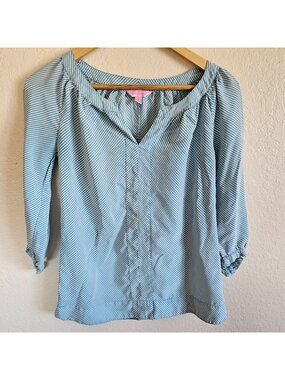 Lilly Pulitzer Ladies 100% Silk Tunic Aqua/White Diagonal Stripe Size XS